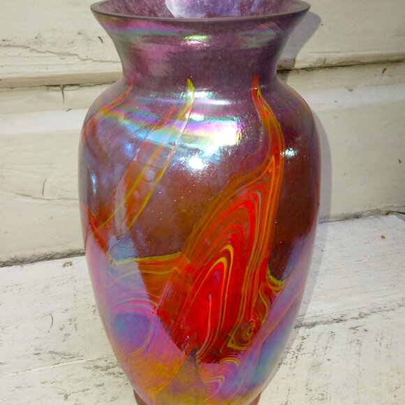 Stunning Art Deco Favrile-Style Bohemian Iridescent Layered Ribbon Glass Vase - Picture 4 of 9
